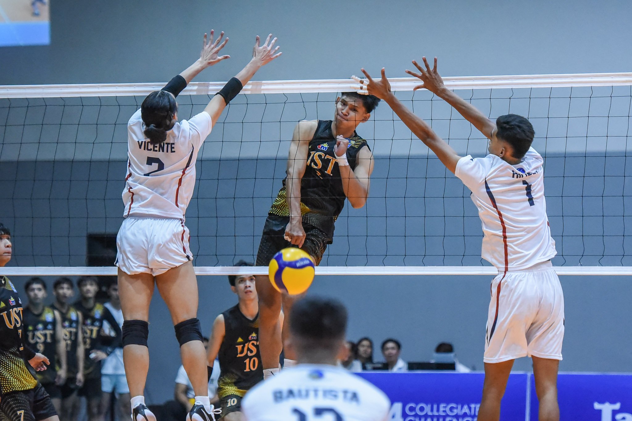 POPOY Colinares of UST scores on a quick attack during their 25-23, 25-12, 20-25, 25-18 win over Letran in the 2024 V-League Men’s Collegiate Challenge yesterday at the Paco Arena.